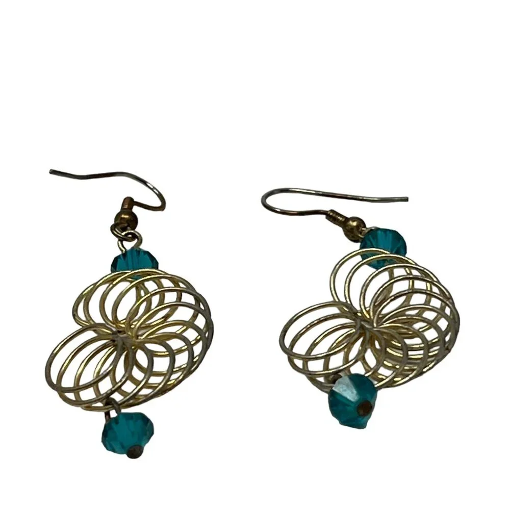 Handcrafted Earrings Blue Beaded‎ Crystal Pierced Spiral Loops Dangle Wire